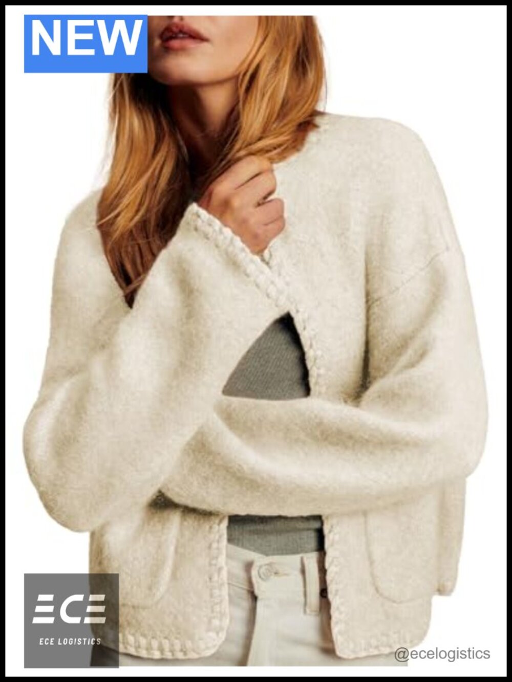 Womens Alpaca Blend Open Front Cardigan Braided Trim Oversized Sweater with